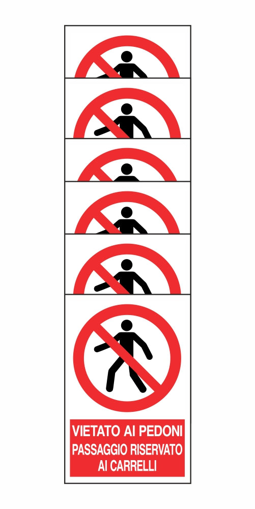 KIT DI 6 ADESIVI RETTANGOLARI - VIETATO AI PEDONI PASSAGGIO RISERVATO AI CARRELLI - Pittogramma ISO 7010 Con Stampa Diretta U.V. (IDEALE ANCHE PER ESTERNO)