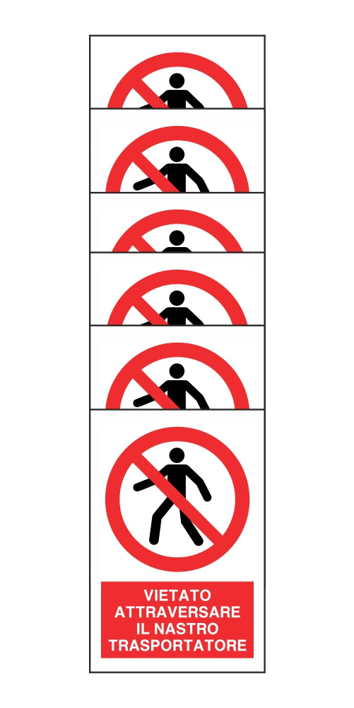 KIT DI 6 ADESIVI RETTANGOLARI - VIETATO ATTRAVERSARE IL NASTRO TRASPORTATORE - Pittogramma ISO 7010 Con Stampa Diretta U.V. (IDEALE ANCHE PER ESTERNO)