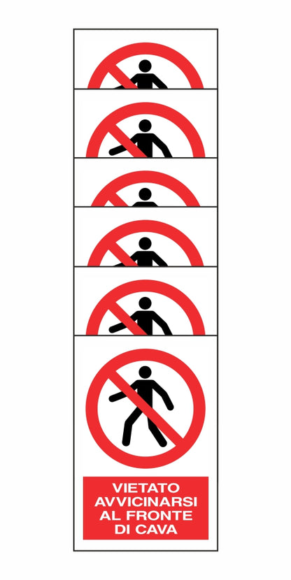 KIT DI 6 ADESIVI RETTANGOLARI - VIETATO AVVICINARSI AL FRONTE DI CAVA - Pittogramma ISO 7010 Con Stampa Diretta U.V. (IDEALE ANCHE PER ESTERNO)