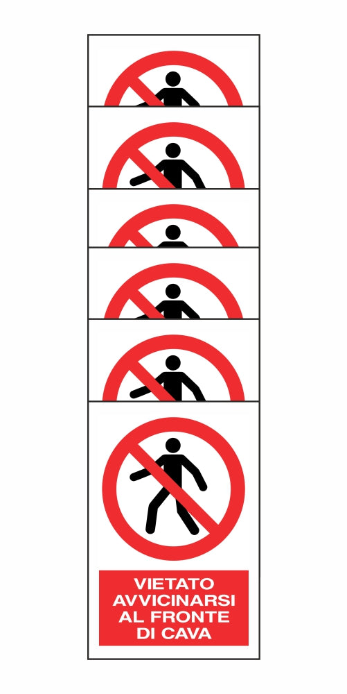 KIT DI 6 ADESIVI RETTANGOLARI - VIETATO AVVICINARSI AL FRONTE DI CAVA - Pittogramma ISO 7010 Con Stampa Diretta U.V. (IDEALE ANCHE PER ESTERNO)