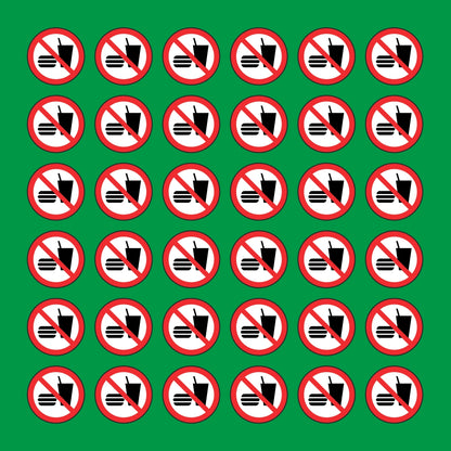 PACCO DA 6 KIT DI 6 ADESIVI ROTONDI - VIETATO BERE E/O MANGIARE - Pittogramma ISO 7010 Con Stampa Diretta U.V.
