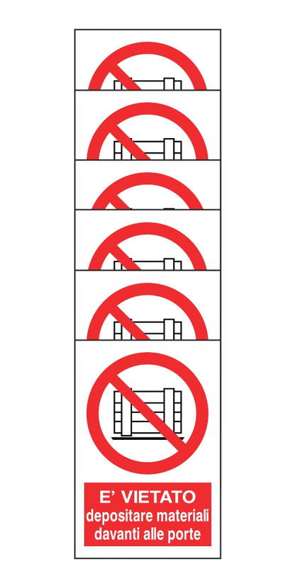 KIT DI 6 ADESIVI RETTANGOLARI - VIETATO DEPOSITARE MATERIALI DAVANTI ALLE PORTE - Pittogramma ISO 7010 Con Stampa Diretta U.V. (IDEALE ANCHE PER ESTERNO)