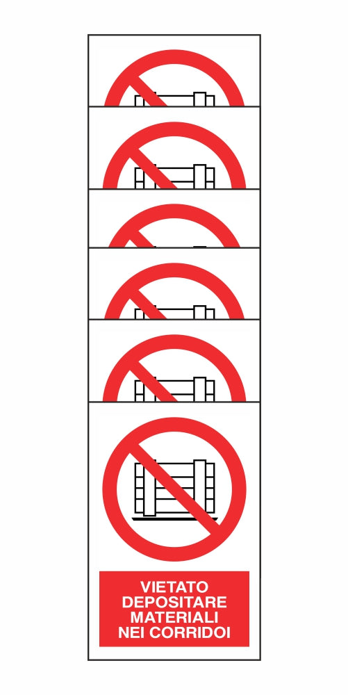 KIT DI 6 ADESIVI RETTANGOLARI - VIETATO DEPOSITARE MATERIALI NEI CORRIDOI - Pittogramma ISO 7010 Con Stampa Diretta U.V. (IDEALE ANCHE PER ESTERNO)