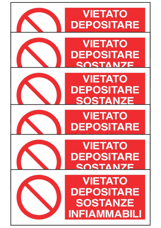 KIT DI 6 ADESIVI RETTANGOLARI - VIETATO DEPOSITARE SOSTANZE INFIAMMABILI - Pittogramma ISO 7010 Con Stampa Diretta U.V. (IDEALE ANCHE PER ESTERNO)