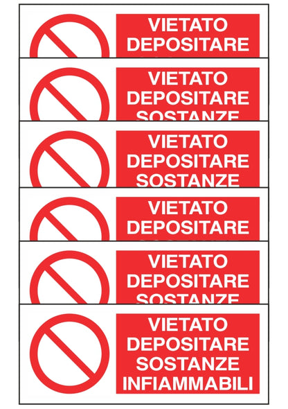 KIT DI 6 ADESIVI RETTANGOLARI - VIETATO DEPOSITARE SOSTANZE INFIAMMABILI - Pittogramma ISO 7010 Con Stampa Diretta U.V. (IDEALE ANCHE PER ESTERNO)