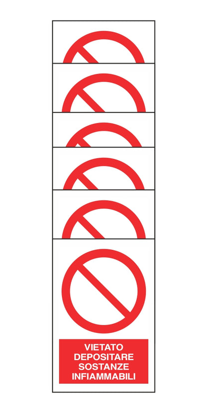 KIT DI 6 ADESIVI RETTANGOLARI - VIETATO DEPOSITARE SOSTANZE INFIAMMABILI - Pittogramma ISO 7010 Con Stampa Diretta U.V. (IDEALE ANCHE PER ESTERNO)