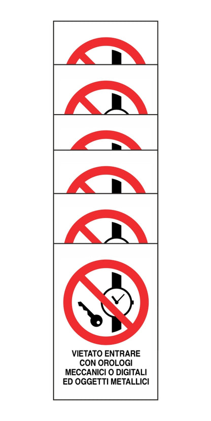 KIT DI 6 ADESIVI RETTANGOLARI - VIETATO ENTRARE CON OROLOGI MECCANICI O DIGITALI - Pittogramma ISO 7010 Con Stampa Diretta U.V. (IDEALE ANCHE PER ESTERNO)