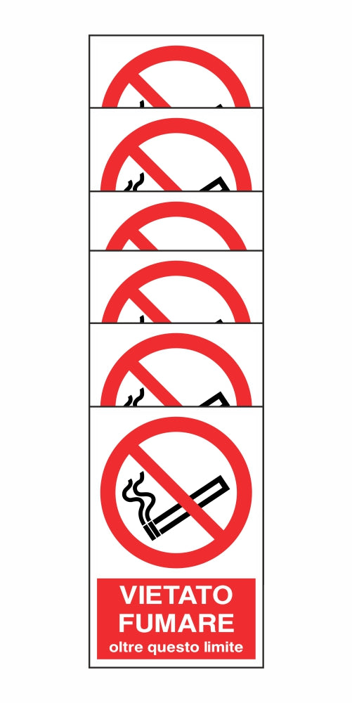 KIT DI 6 ADESIVI RETTANGOLARI - VIETATO FUMARE OLTRE QUESTO LIMITE - Pittogramma ISO 7010 Con Stampa Diretta U.V. (IDEALE ANCHE PER ESTERNO)