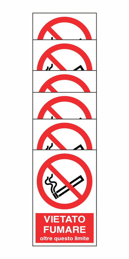 KIT DI 6 ADESIVI RETTANGOLARI - VIETATO FUMARE OLTRE QUESTO LIMITE - Pittogramma ISO 7010 Con Stampa Diretta U.V. (IDEALE ANCHE PER ESTERNO)