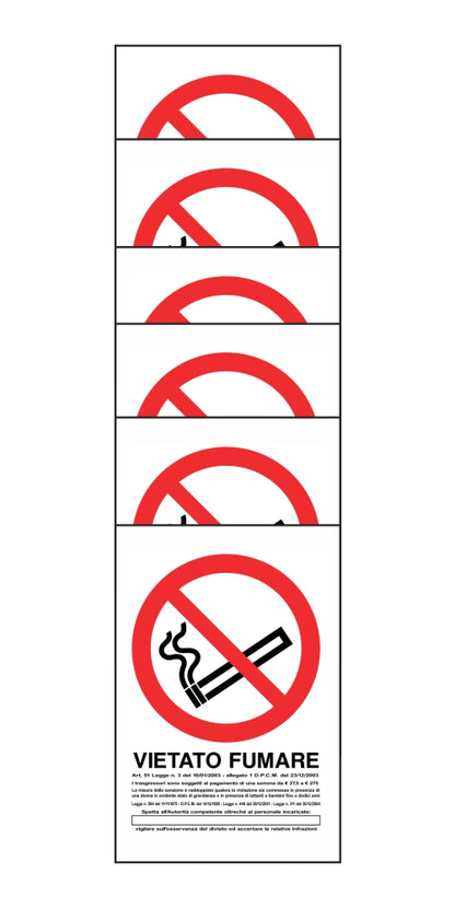 KIT DI 6 ADESIVI RETTANGOLARI - VIETATO FUMARE - LEGGE E SANZIONI - Pittogramma ISO 7010 Con Stampa Diretta U.V. (IDEALE ANCHE PER ESTERNO)