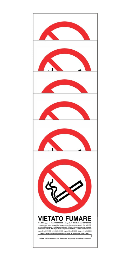 KIT DI 6 ADESIVI RETTANGOLARI - VIETATO FUMARE - LEGGE E SANZIONI - Pittogramma ISO 7010 Con Stampa Diretta U.V. (IDEALE ANCHE PER ESTERNO)