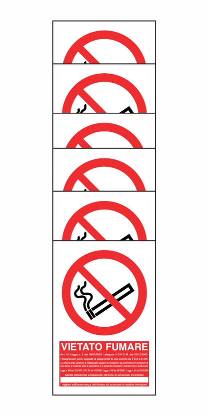 KIT DI 6 ADESIVI RETTANGOLARI - VIETATO FUMARE - LEGGE E SANZIONI - Pittogramma ISO 7010 Con Stampa Diretta U.V. (IDEALE ANCHE PER ESTERNO)