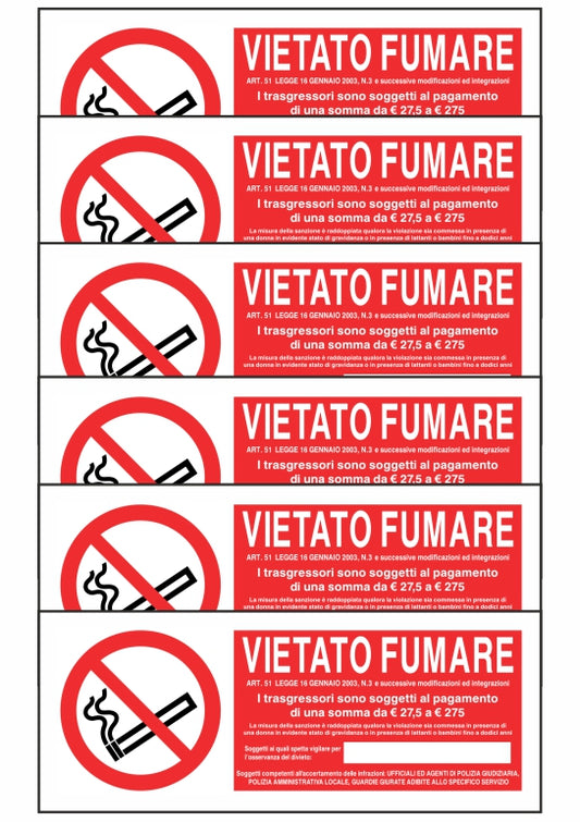 KIT DI 6 ADESIVI UNI - VIETATO FUMARE CON LEGGE E SANZIONI + SPAZIO - Pittogramma ISO 7010 Con Stampa Diretta U.V. (IDEALE ANCHE PER ESTERNO)