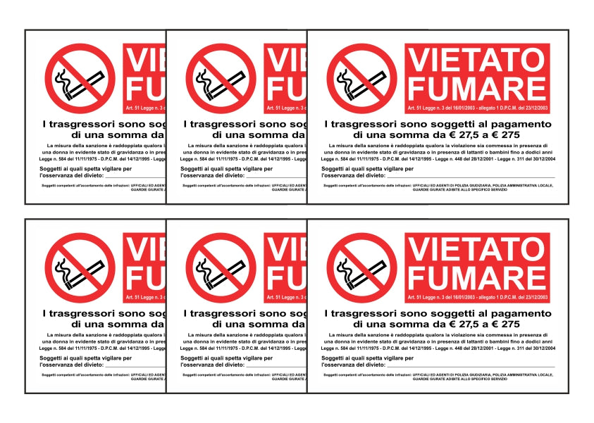 KIT DI 6 ADESIVI RETTANGOLARI - VIETATO FUMARE CON LEGGE - Pittogramma ISO 7010 Con Stampa Diretta U.V. (IDEALE ANCHE PER ESTERNO)