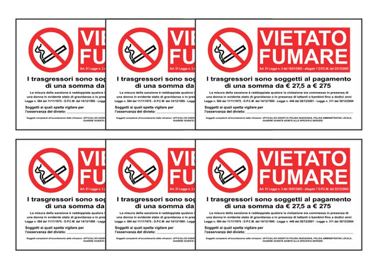 KIT DI 6 ADESIVI RETTANGOLARI - VIETATO FUMARE CON LEGGE - Pittogramma ISO 7010 Con Stampa Diretta U.V. (IDEALE ANCHE PER ESTERNO)