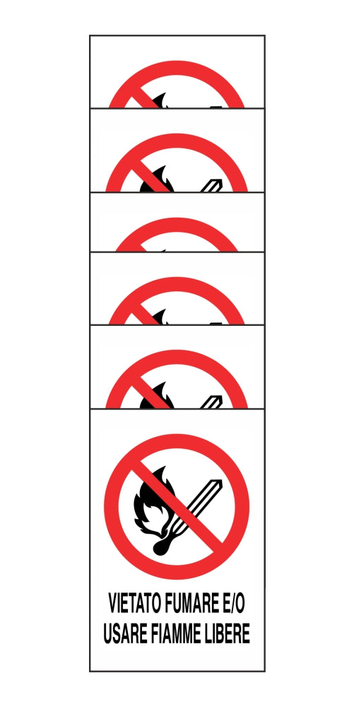 KIT DI 6 ADESIVI RETTANGOLARI - VIETATO FUMARE E/O USARE FIAMME LIBERE - Pittogramma ISO 7010 Con Stampa Diretta U.V. (IDEALE ANCHE PER ESTERNO)
