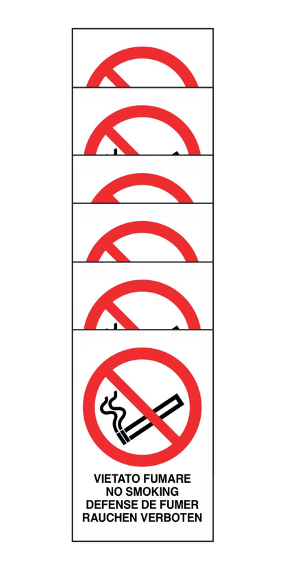 KIT DI 6 ADESIVI RETTANGOLARI - VIETATO FUMARE IN 4 lingue - Pittogramma ISO 7010 Con Stampa Diretta U.V. (IDEALE ANCHE PER ESTERNO)
