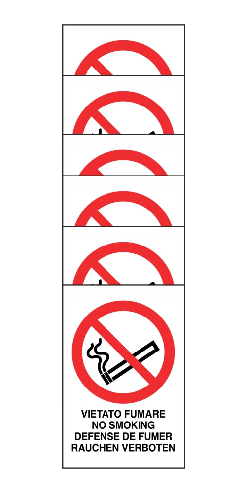 KIT DI 6 ADESIVI RETTANGOLARI - VIETATO FUMARE IN 4 lingue - Pittogramma ISO 7010 Con Stampa Diretta U.V. (IDEALE ANCHE PER ESTERNO)