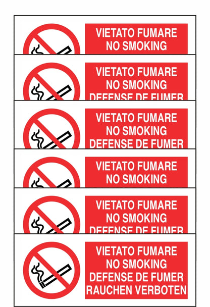 GLOBAL KIT DI 6 ADESIVI UNI - VIETATO FUMARE - 4 lingue - Pittogramma ISO 7010 Con Stampa Diretta U.V. (IDEALE ANCHE PER ESTERNO)