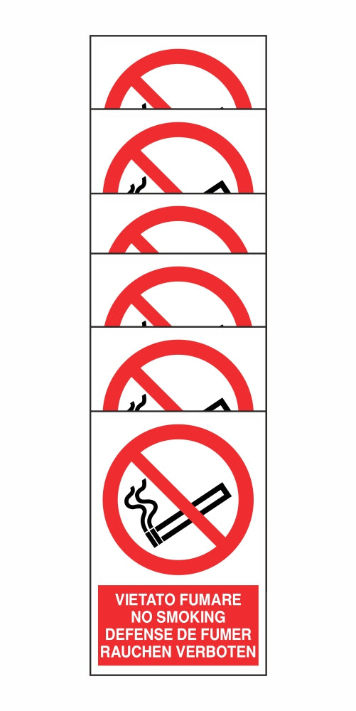 KIT DI 6 ADESIVI RETTANGOLARI - VIETATO FUMARE - 4 lingue - Pittogramma ISO 7010 Con Stampa Diretta U.V. (IDEALE ANCHE PER ESTERNO)