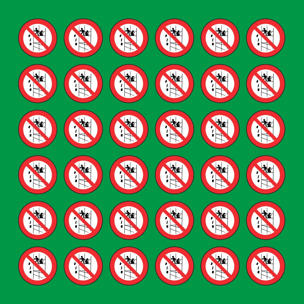 PACCO DA 6 KIT DI 6 ADESIVI ROTONDI - VIETATO GETTARE MATERIALI DAI PONTEGGI - Pittogramma ISO 7010 Con Stampa Diretta U.V.