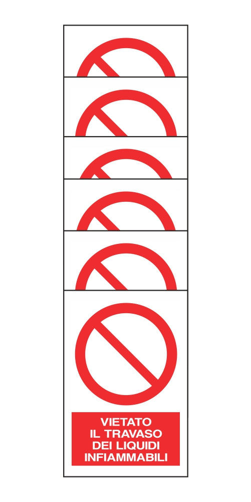 KIT DI 6 ADESIVI RETTANGOLARI - VIETATO IL TRAVASO DEI LIQUIDI INFIAMMABILI - Pittogramma ISO 7010 Con Stampa Diretta U.V. (IDEALE ANCHE PER ESTERNO)