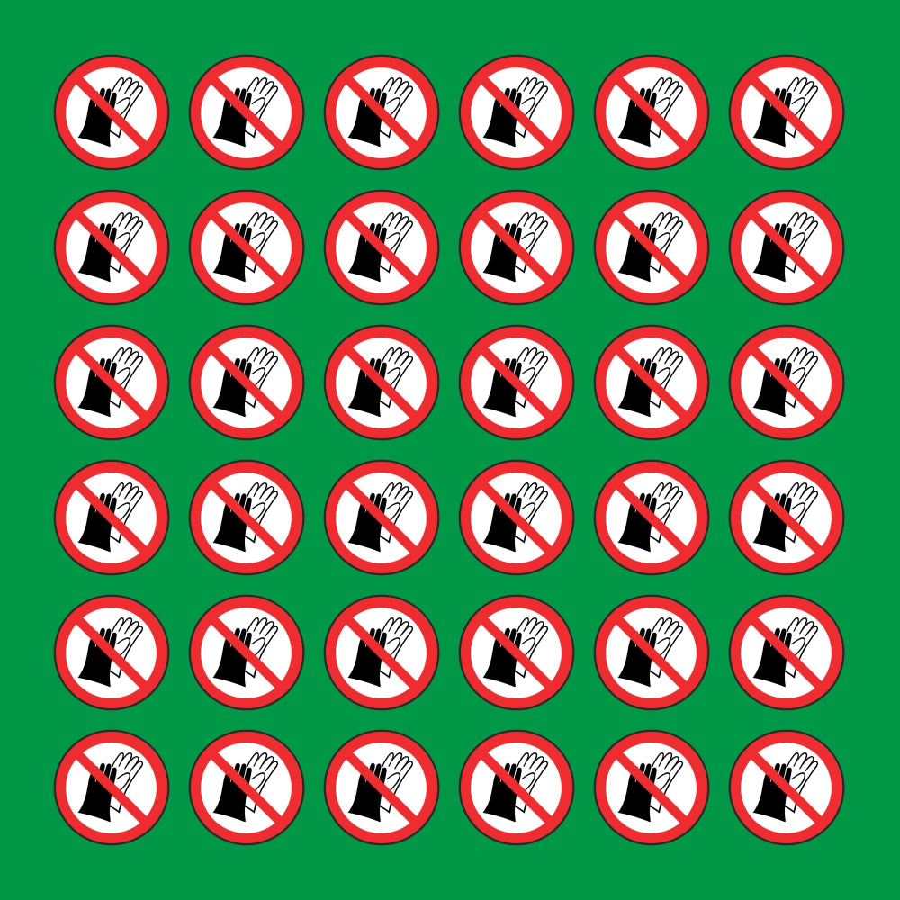 PACCO DA 6 KIT DI 6 ADESIVI ROTONDI - VIETATO INDOSSARE GUANTI - Pittogramma ISO 7010 Con Stampa Diretta U.V.