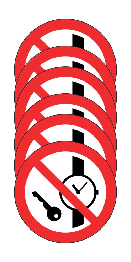 GLOBAL KIT DI 6 ADESIVI ROTONDI - VIETATO L'ACCESSO CON OGGETTI METALLICI- Pittogramma ISO 7010 Con Stampa Diretta U.V. (IDEALE ANCHE PER ESTERNO)