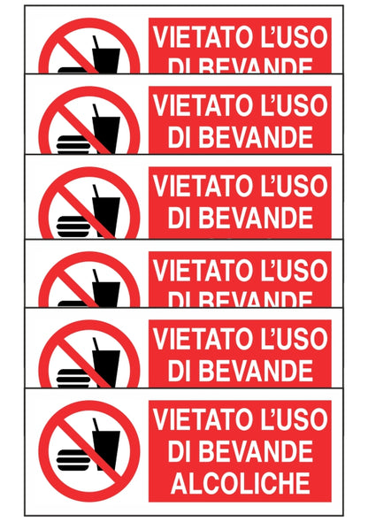 KIT DI 6 ADESIVI RETTANGOLARI - VIETATO L'USO DI BEVANDE ALCOLICHE - Pittogramma ISO 7010 Con Stampa Diretta U.V. (IDEALE ANCHE PER ESTERNO)