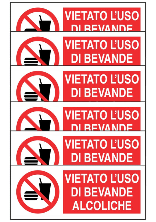 KIT DI 6 ADESIVI RETTANGOLARI - VIETATO L'USO DI BEVANDE ALCOLICHE - Pittogramma ISO 7010 Con Stampa Diretta U.V. (IDEALE ANCHE PER ESTERNO)