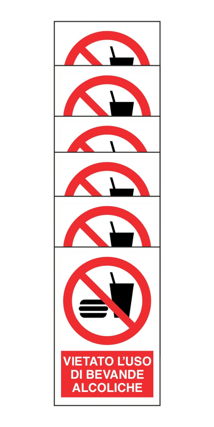 KIT DI 6 ADESIVI RETTANGOLARI - VIETATO L'USO DI BEVANDE ALCOLICHE - Pittogramma ISO 7010 Con Stampa Diretta U.V. (IDEALE ANCHE PER ESTERNO)