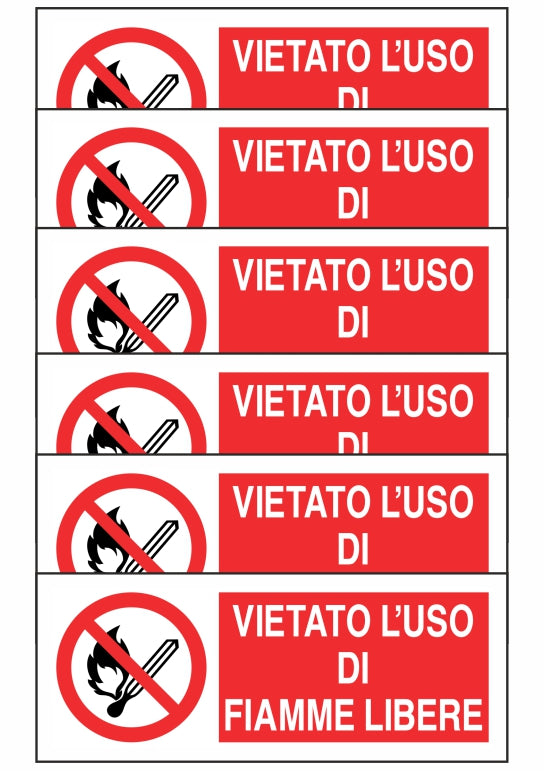 KIT DI 6 ADESIVI UNI - VIETATO L'USO DI FIAMME LIBERE - Pittogramma ISO 7010 Con Stampa Diretta U.V. (IDEALE ANCHE PER ESTERNO)