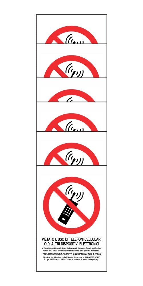 KIT DI 6 ADESIVI RETTANGOLARI - VIETATO L'USO DI TELEFONI CELLULARI O DI ALTRI DISPOSITIVI ELETTRONICI - Pittogramma ISO 7010 Con Stampa Diretta U.V. (IDEALE ANCHE PER ESTERNO)