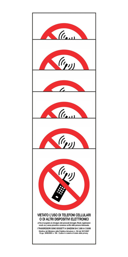 KIT DI 6 ADESIVI RETTANGOLARI - VIETATO L'USO DI TELEFONI CELLULARI O DI ALTRI DISPOSITIVI ELETTRONICI - Pittogramma ISO 7010 Con Stampa Diretta U.V. (IDEALE ANCHE PER ESTERNO)