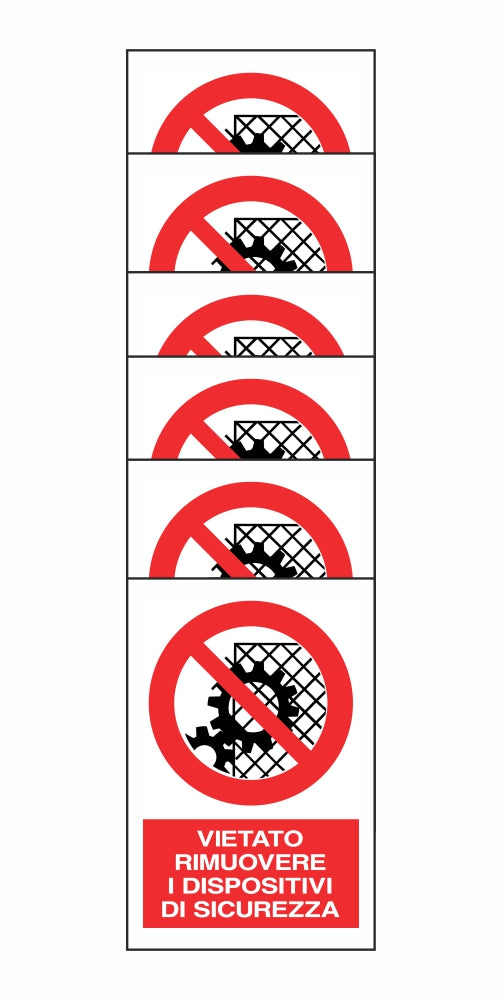 KIT DI 6 ADESIVI RETTANGOLARI - VIETATO RIMUOVERE I DISPOSITIVI DI SICUREZZA - Pittogramma ISO 7010 Con Stampa Diretta U.V. (IDEALE ANCHE PER ESTERNO)