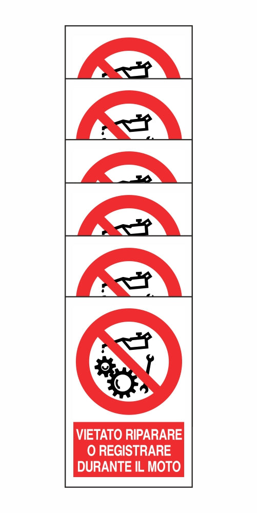 KIT DI 6 ADESIVI RETTANGOLARI - VIETATO RIPARARE O REGISTRARE DURANTE IL MOTO - Pittogramma ISO 7010 Con Stampa Diretta U.V. (IDEALE ANCHE PER ESTERNO)