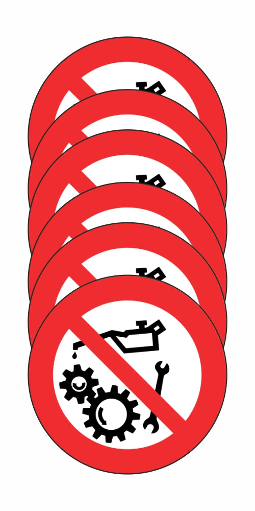 GLOBAL KIT DI 6 ADESIVI ROTONDI - VIETATO RIPARARE, REGISTRARE, OLIARE CON ORGANI IN MOTO - Pittogramma ISO 7010 Con Stampa Diretta U.V. (IDEALE ANCHE PER ESTERNO)