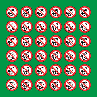 PACCO DA 6 KIT DI 6 ADESIVI ROTONDI - VIETATO RIPARARE, REGISTRARE, OLIARE CON ORGANI IN MOTO - Pittogramma ISO 7010 Con Stampa Diretta U.V.