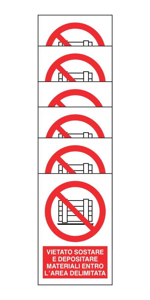 KIT DI 6 ADESIVI RETTANGOLARI - VIETATO SOSTARE E DEPOSITARE MATERIALI ENTRO L'AREA DELIMITATA - Pittogramma ISO 7010 Con Stampa Diretta U.V. (IDEALE ANCHE PER ESTERNO)