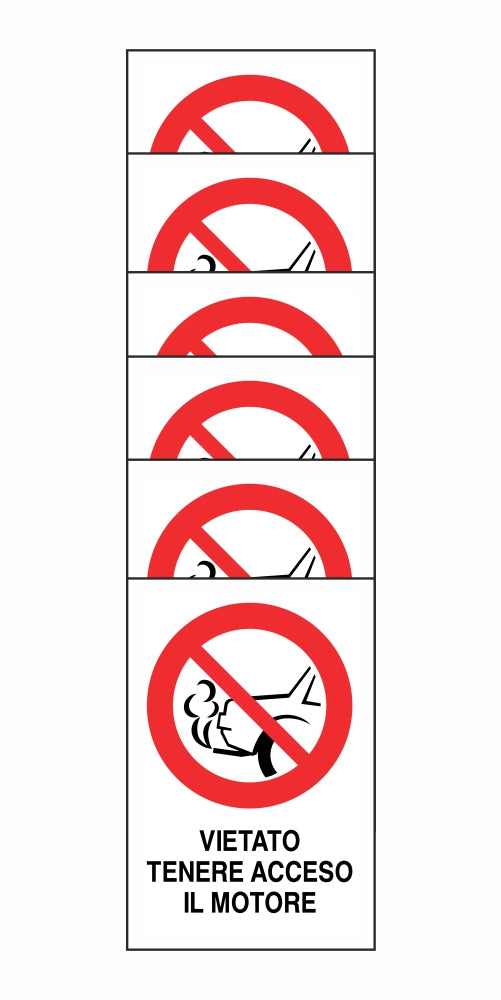 KIT DI 6 ADESIVI RETTANGOLARI - VIETATO TENERE ACCESO IL MOTORE - Pittogramma ISO 7010 Con Stampa Diretta U.V. (IDEALE ANCHE PER ESTERNO)