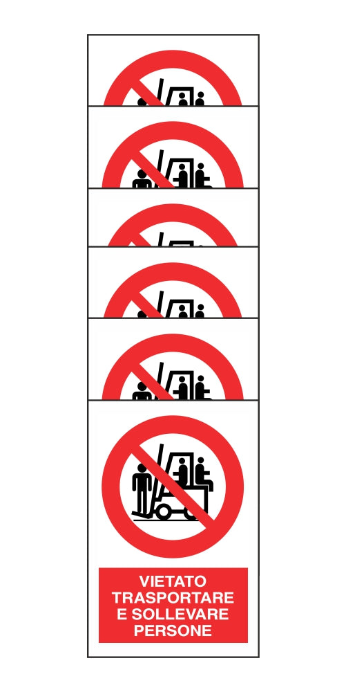 KIT DI 6 ADESIVI RETTANGOLARI - VIETATO TRASPORTARE E SOLLEVARE PERSONE - Pittogramma ISO 7010 Con Stampa Diretta U.V. (IDEALE ANCHE PER ESTERNO)