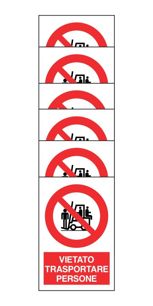 KIT DI 6 ADESIVI RETTANGOLARI - VIETATO TRASPORTARE PERSONE- Pittogramma ISO 7010 Con Stampa Diretta U.V. (IDEALE ANCHE PER ESTERNO)