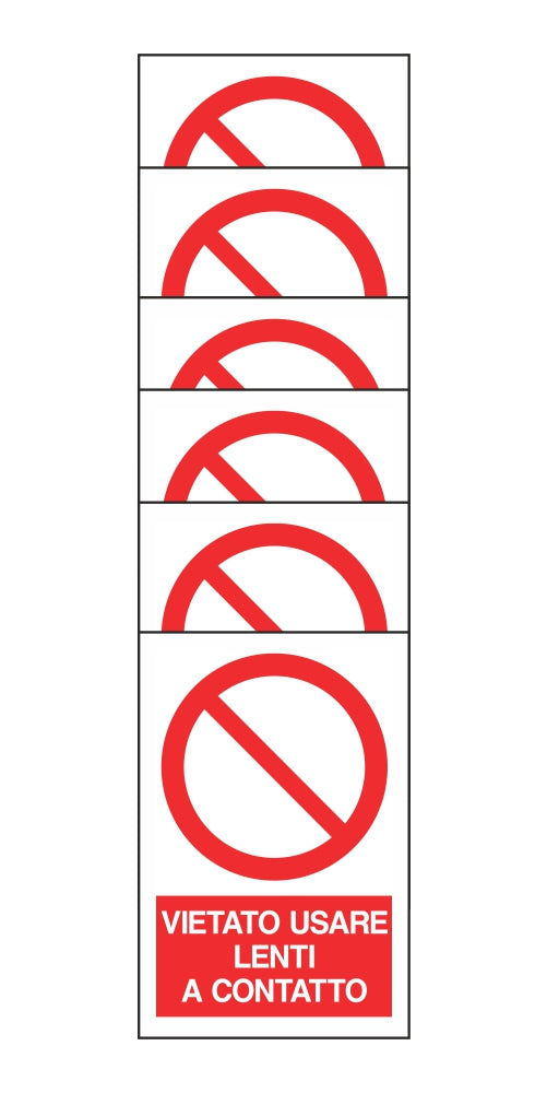 KIT DI 6 ADESIVI RETTANGOLARI - VIETATO USARE LENTI A CONTATTO - Pittogramma ISO 7010 Con Stampa Diretta U.V. (IDEALE ANCHE PER ESTERNO)