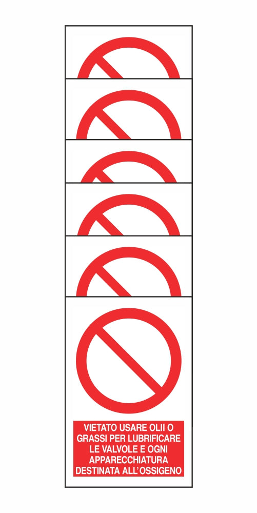 KIT DI 6 ADESIVI RETTANGOLARI - VIETATO USARE OLII O GRASSI PER LUBRIFICARE LE VALVOLE - Pittogramma ISO 7010 Con Stampa Diretta U.V. (IDEALE ANCHE PER ESTERNO)