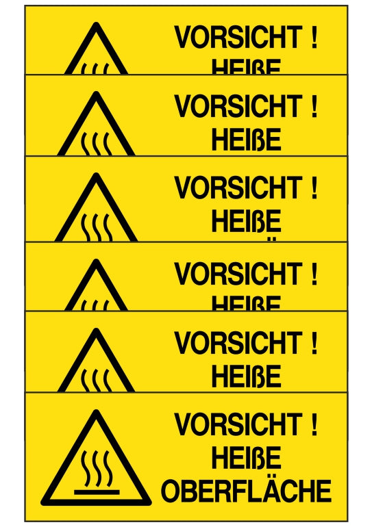 GLOBAL KIT DI 6 ADESIVI UNI - VORSICHT! HEIBE OBERFLACHE - Pittogramma ISO 7010 Con Stampa Diretta U.V. (IDEALE ANCHE PER ESTERNO)