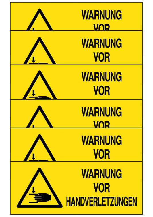 KIT DI 6 ADESIVI UNI - WARNUNG VOR HANDVERLETZUNGEN - Pittogramma ISO 7010 Con Stampa Diretta U.V. (IDEALE ANCHE PER ESTERNO)
