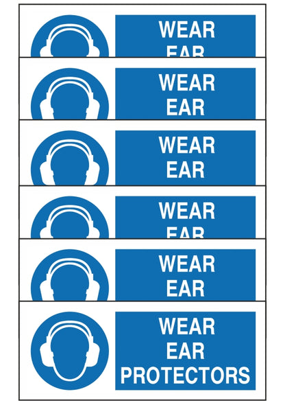 GLOBAL KIT DI 6 ADESIVI UNI - WEAR EAR PROTECTORS - Pittogramma ISO 7010 Con Stampa Diretta U.V. (IDEALE ANCHE PER ESTERNO)