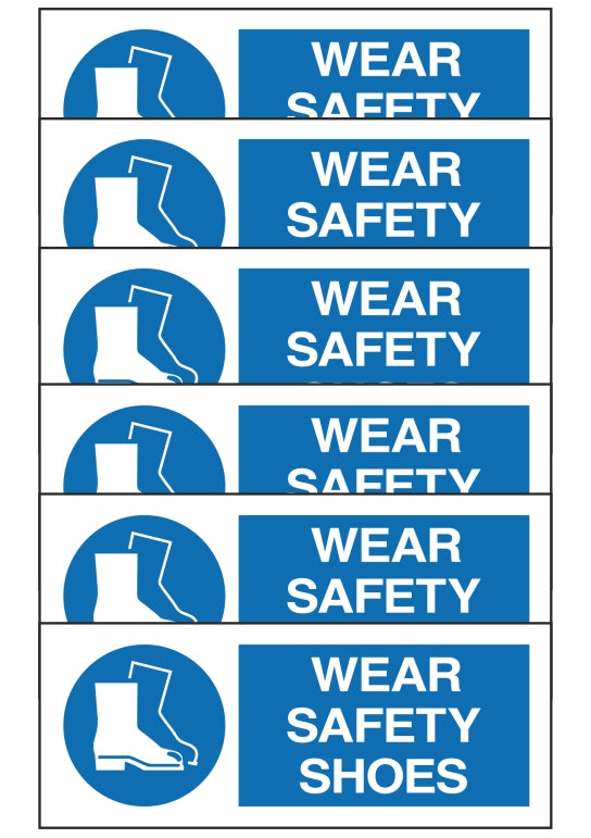 GLOBAL KIT DI 6 ADESIVI UNI - WEAR SAFETY SHOES - Pittogramma ISO 7010 Con Stampa Diretta U.V. (IDEALE ANCHE PER ESTERNO)