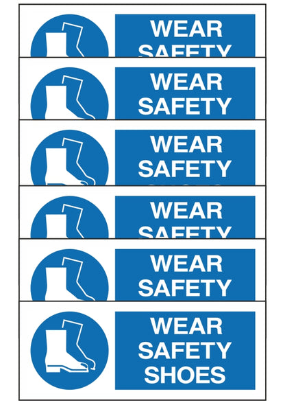 GLOBAL KIT DI 6 ADESIVI UNI - WEAR SAFETY SHOES - Pittogramma ISO 7010 Con Stampa Diretta U.V. (IDEALE ANCHE PER ESTERNO)