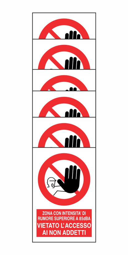 KIT DI 6 ADESIVI RETTANGOLARI - ZONA CON INTENSITA' DI RUMORE SUPERIORE A 85 dBA - Pittogramma ISO 7010 Con Stampa Diretta U.V. (IDEALE ANCHE PER ESTERNO)